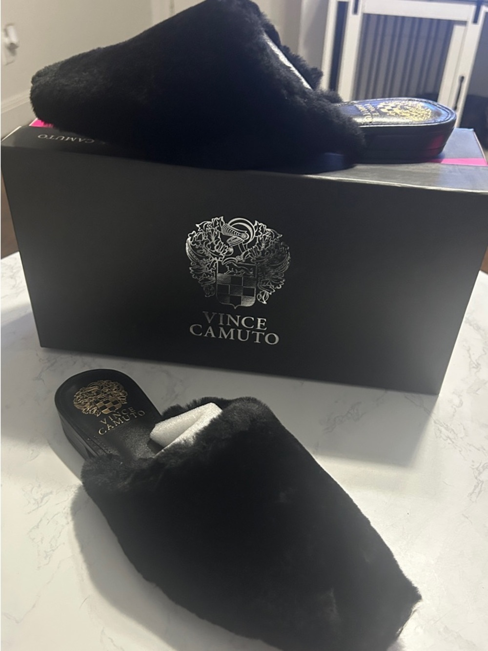 Vince Camuto Black Plush Backless Slippers - Picture 3 of 5